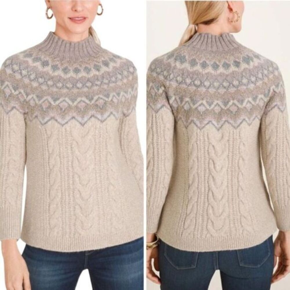 NEW Chico's  Cable Yarn‎ Wool Blend Fair Isle Tan Sweater, L